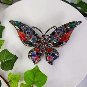 Large Silver Statement Butterfly Pin Brooch Multi Color Crystal Rhinestones New